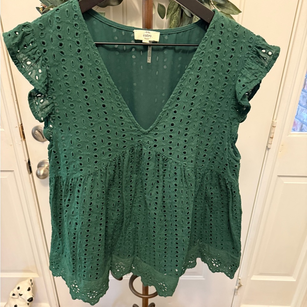 Entro Teal Eyelet Ruffle Blouse